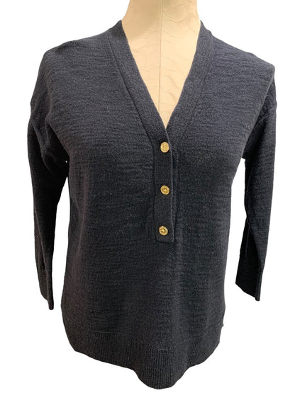 XS Loft Womens Navy Blue V-Neck  Sweater Goldtone Buttons
