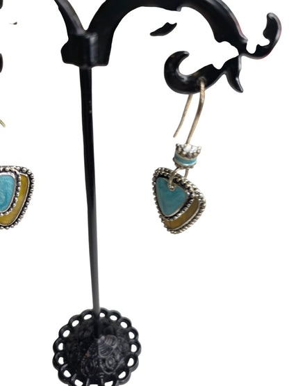 Silvertone Fishhook Earrings Triangular Shape Enameled 1.5" Drop
