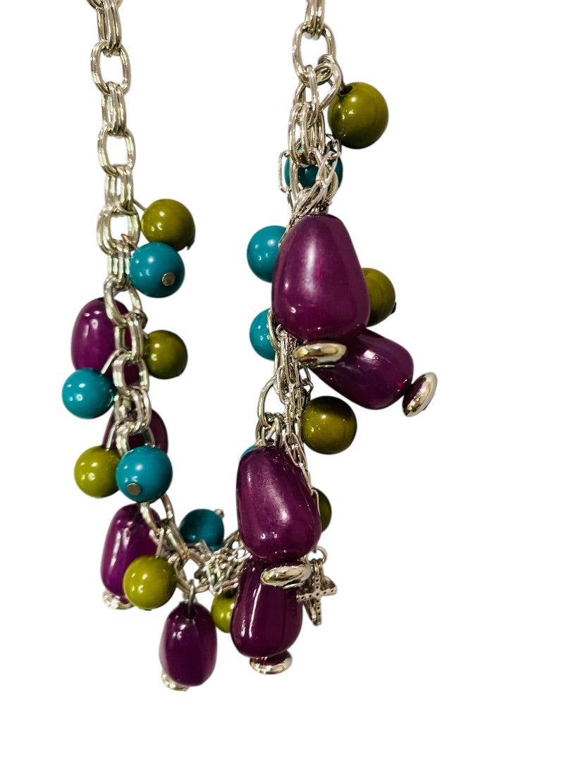 Paparazzi New Silvertone Necklace and Earring Set Purple Teal Chunky 28"