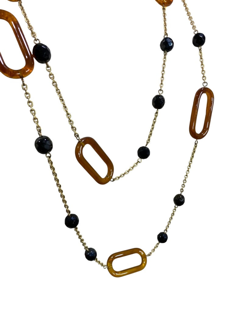Goldtone Amber Color Black Beaded Necklace Long 70" Lobster Clasp