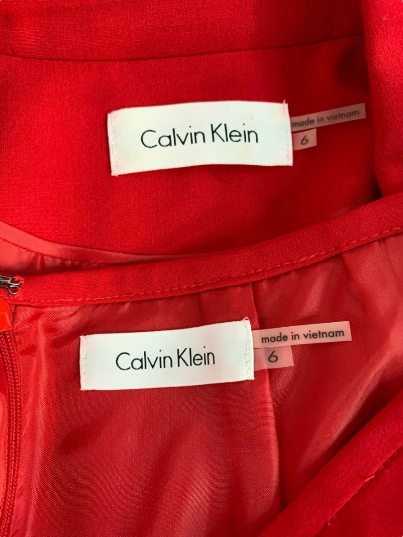 Size 6 Calvin Klein Red Skirt Suit Jacket Snap Closure