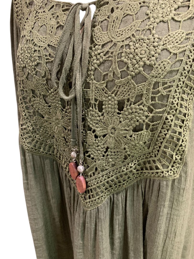 XL Indigo Rose Womens Boho Shift Dress Olive Green