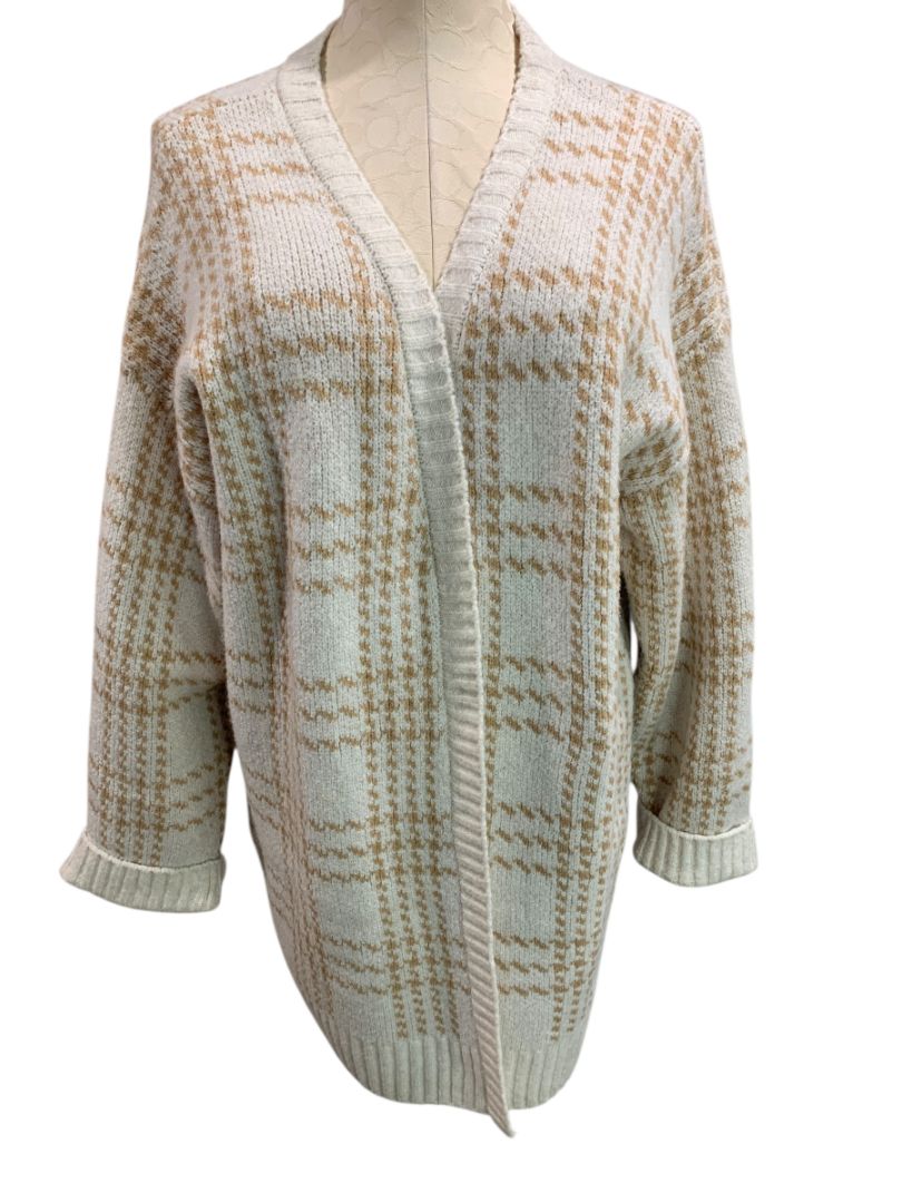 Size 3X Pink Rose Womens Cardigan Sweater Ivory Tan Houndstooth Plaid