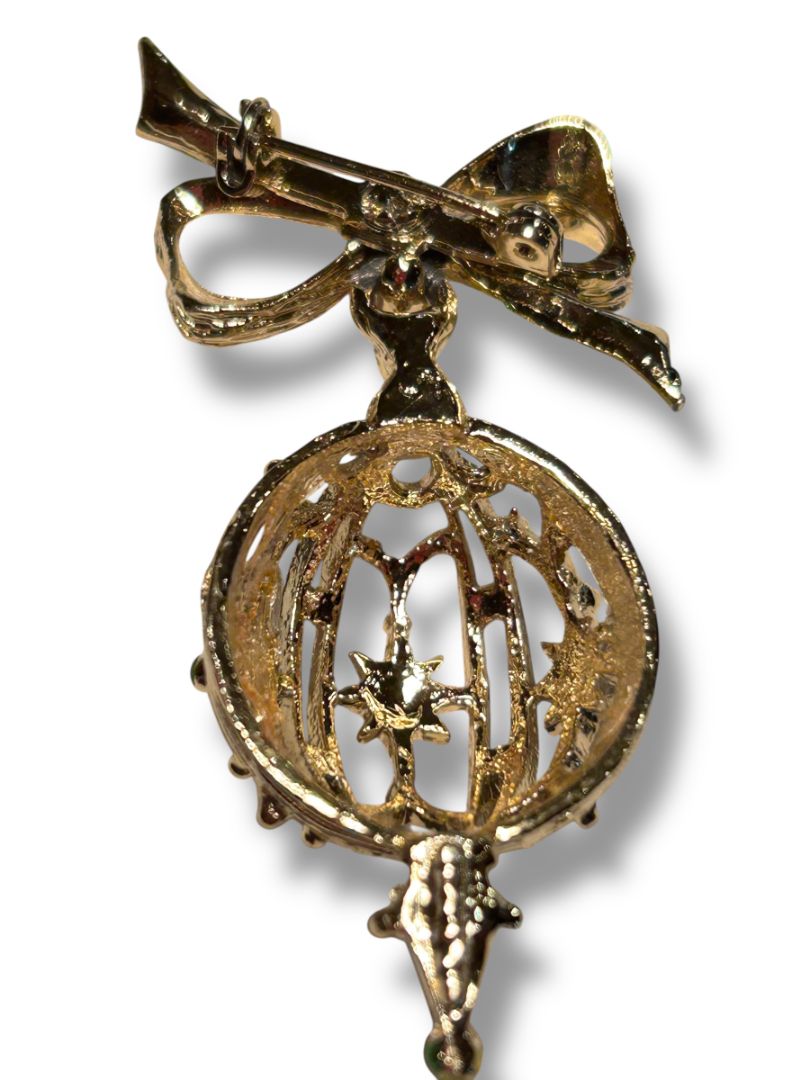 Vintage Goldtone Ornament Ball Brooch Pin 2.25" Green Blue