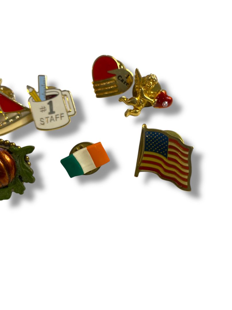 Lot of 7 Lapel Pins USA Ireland Sailboat Fall Cupid Staff Care
