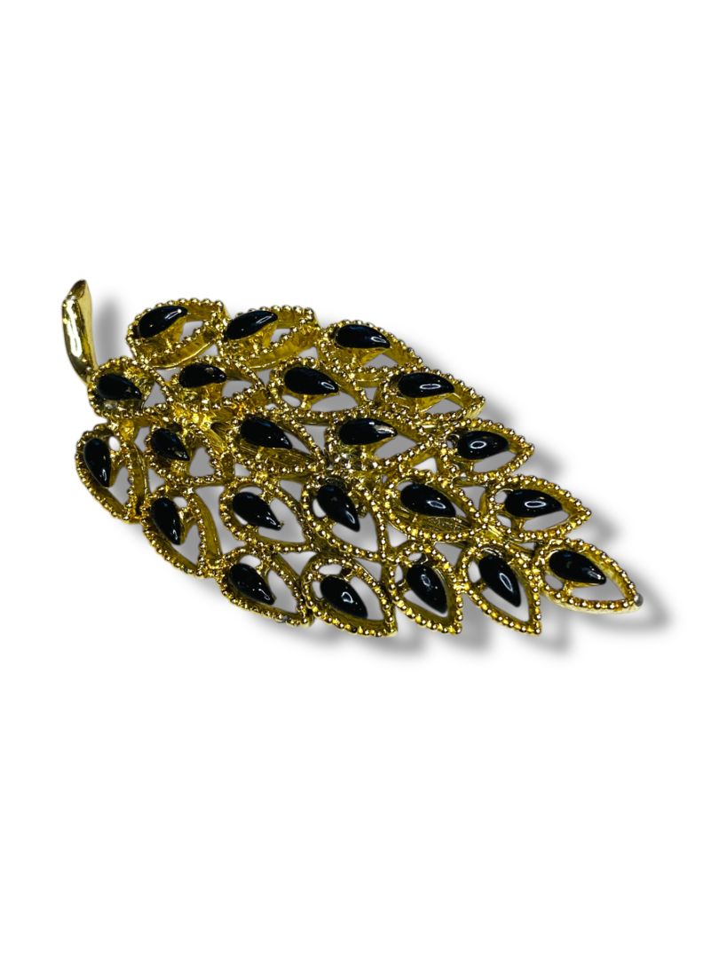 Vintage Signed Gerrys Brooch Pin Leaf Black Insets 2.6"