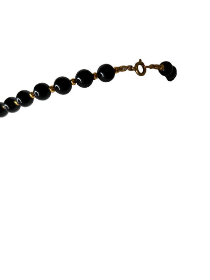 Black Round Beaded 18" Necklace Goldtone Spacers Lobster Clasp Strand String