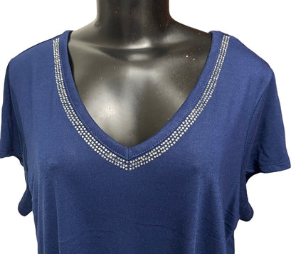 18/20 Avenue Women's V-Neck Crystal Trim Short Sleeve Womens Top Navy Blue