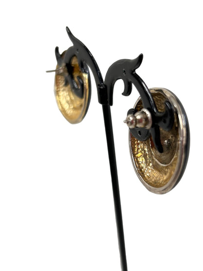 1980s Round Enameled Ivory and Black 1" Diameter Pierced Earrings