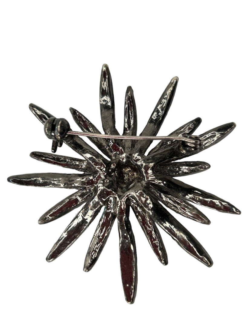 Vintage Red Crystal Silvertone Dramatic Flower Brooch Pin 2" Diameter
