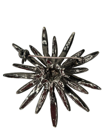 Vintage Red Crystal Silvertone Dramatic Flower Brooch Pin 2" Diameter