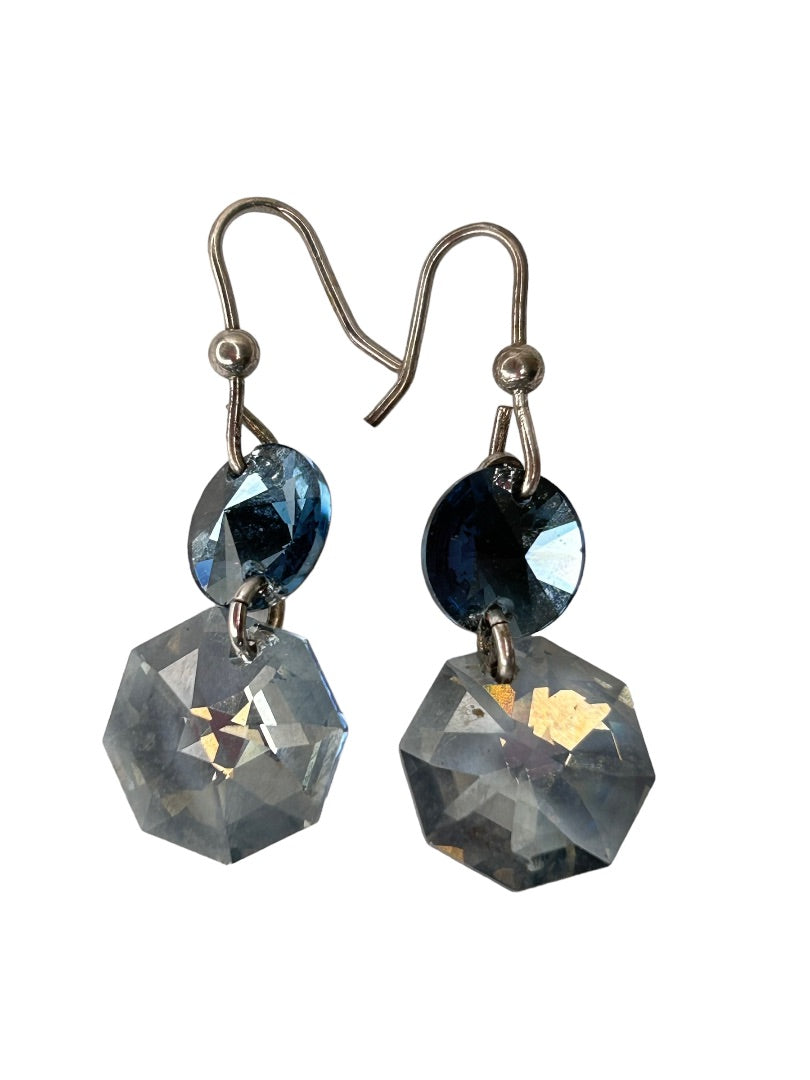 Crystal Blue Gray Beaded Earrings Hook Pierced 1" Drop Dangle