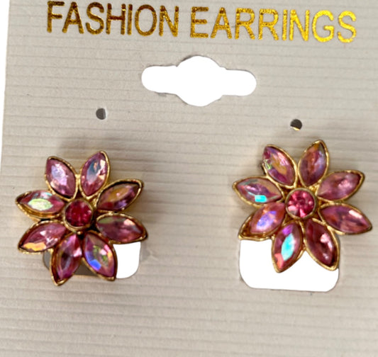 1990s Clip On Pink Crystal Flower Earrings 3/4" Diameter Non-Pierced Goldtone