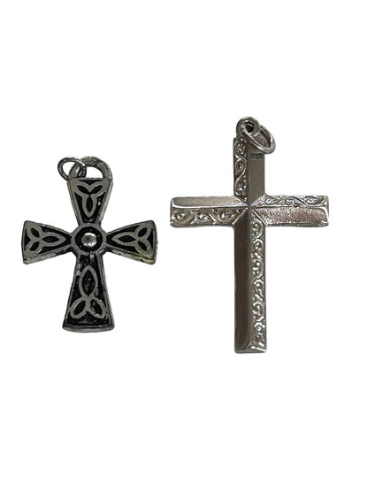 Set of 2 Silvertone Cross Necklace Pendant Charms Textured Ornate Design