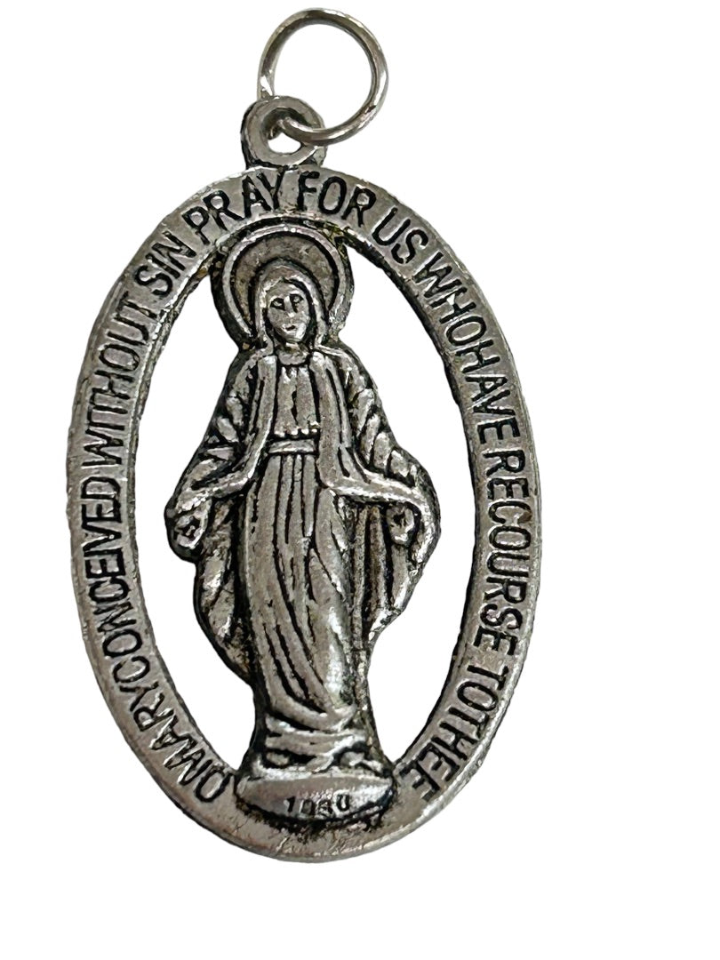 Set of 3 Silvertone Christian Medal Charms Pendants Cross Virgin Mary