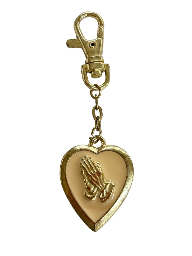 Prayer Hands Key Purse Clip Pendant Heart Goldtone Enameled 1.5"