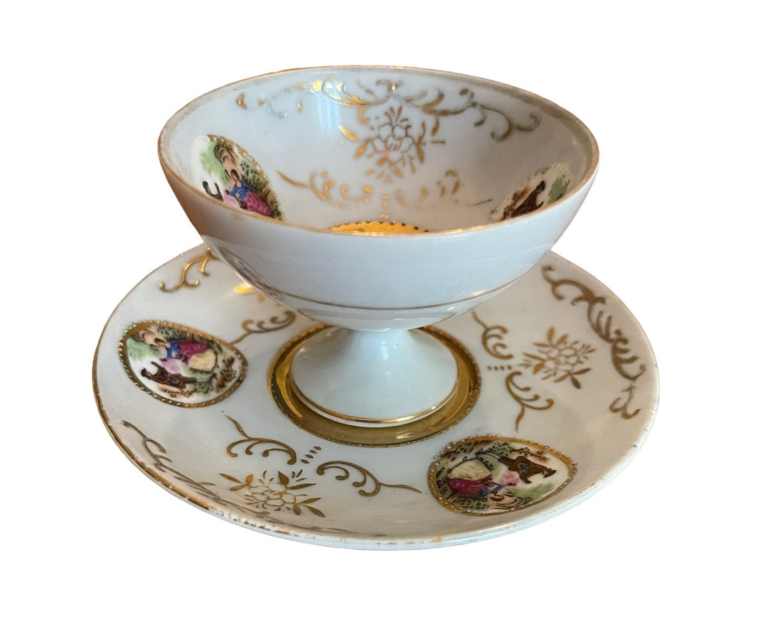 Porcelain with Gold Trim Footed Demitasse Cup and Saucer Set Maruei Courting Couple
