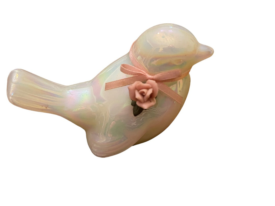 1990 Fenton Iridescent Opalescent Art Glass House Sparrow Bird Figurine Porcelain Rose