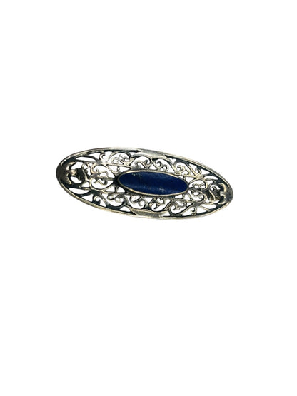 Signed Boma Sterling Silver Lapis Lazuli Fiigree Brooch Pin  Vintage 1.75"