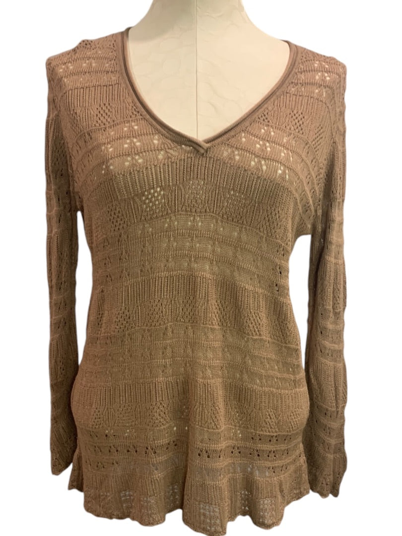 Large Joseph A. Womens Brown V-Neck Lightweight Knit Rayon Sweater Open Weave