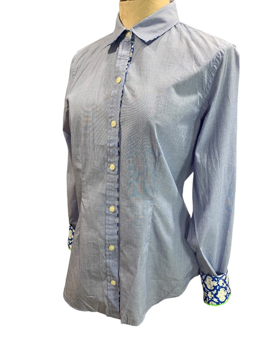 Medium C Wonder Womens Blue Contrast Cuff Button Up Shirt Blouse Signature Fit