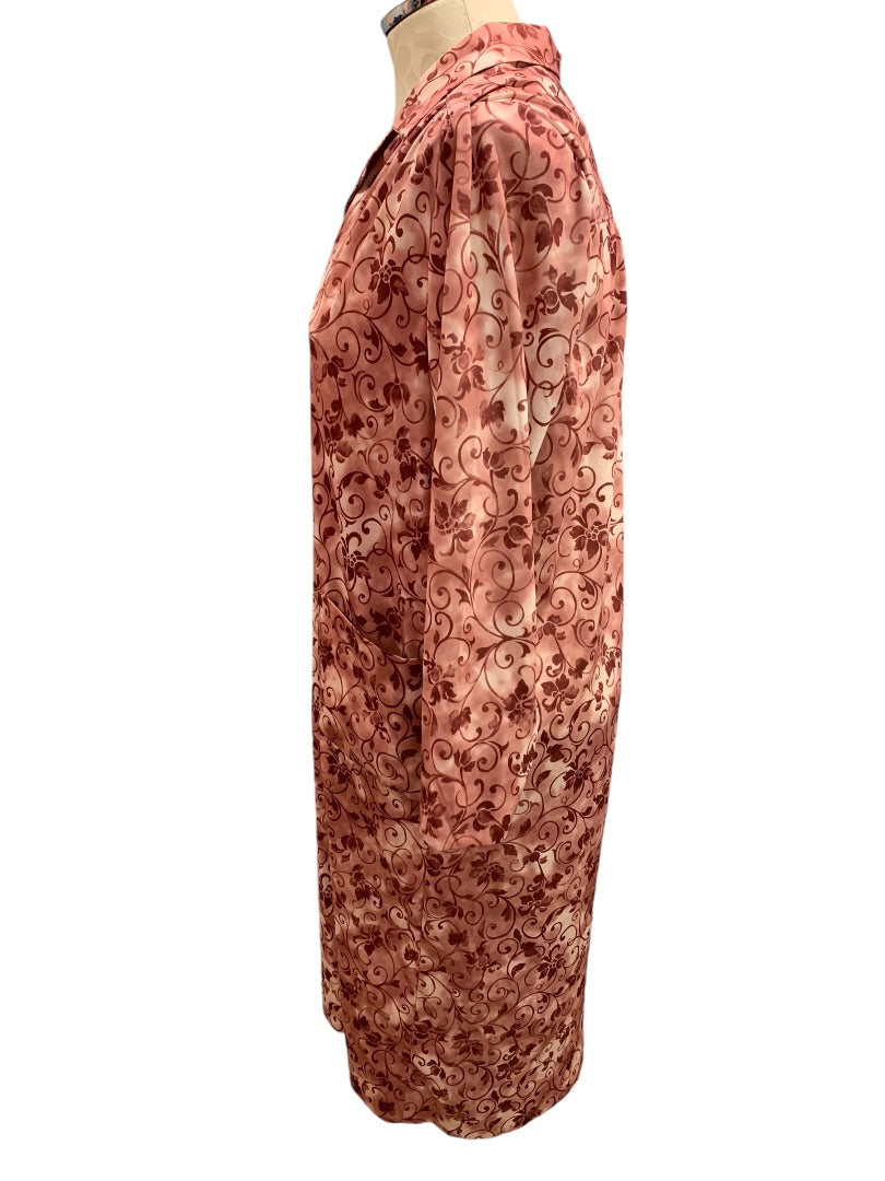 Large Leo-Danal Vintage 1970s Pink Zip Front House Dress Pockets Pullover Shoulder Pads