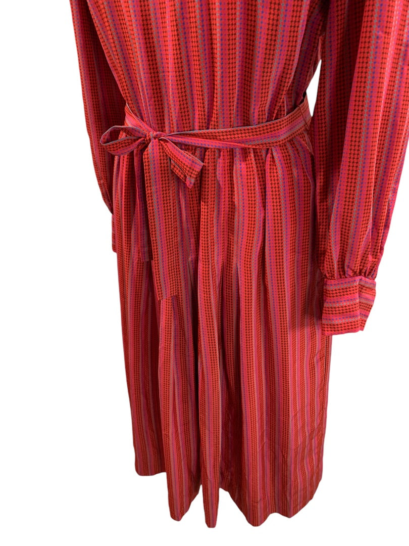 Medium Vintage 1970s Red Micro Print Midi Dress Belted Pleated Pockets