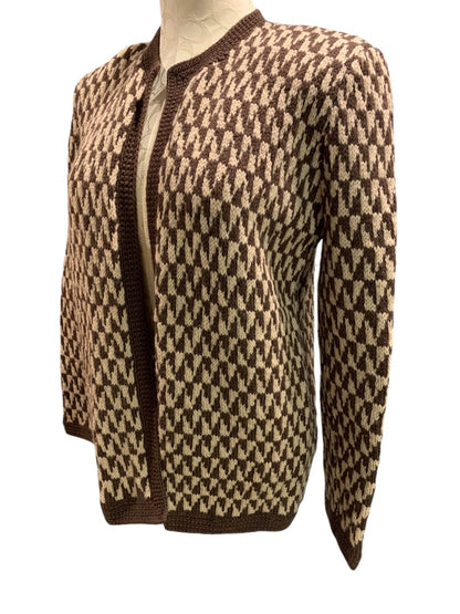 Large Womens 1980s Vintage Open Cardigan Sweater Houndstooth Brown