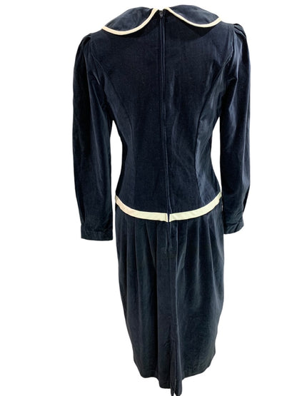 Medium Vintage 1960s Velvet Dress Navy Blue Ivory Box Trim