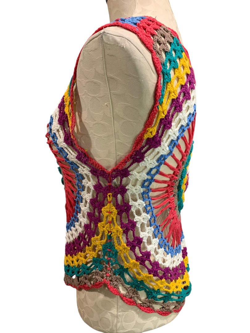 Small Mak B Womens Rainbow Cotton Crochet Tank Shirt Top Open