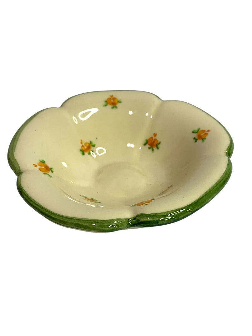 France Vintage Handpainted Dish Bowl Floral Shape Yellow Green 5 Inch