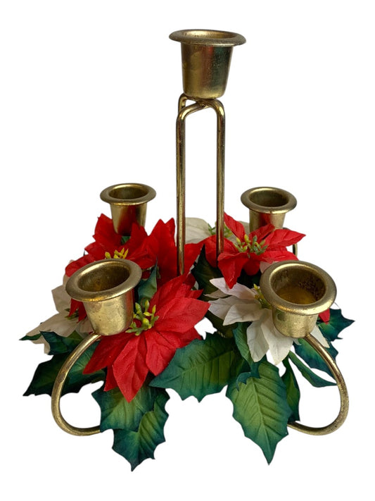 1960s Holiday Poinsettia 5 Taper Candle Holder Christmas Kitschy