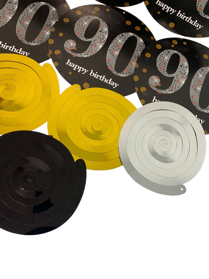 Pack of 6 Haning Paper Metallic 90th Birthday Decorations Black Gold New