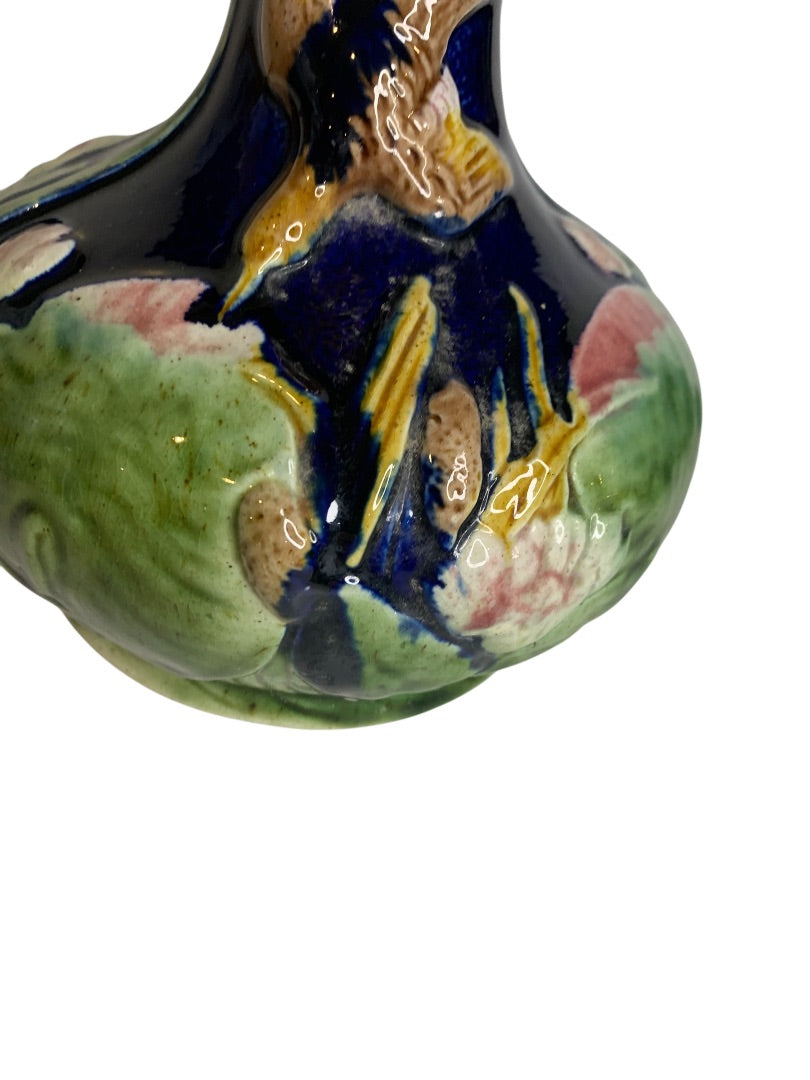 Antique Majolica Hummingbird Vase 8.5 Inch Cobalt Chips