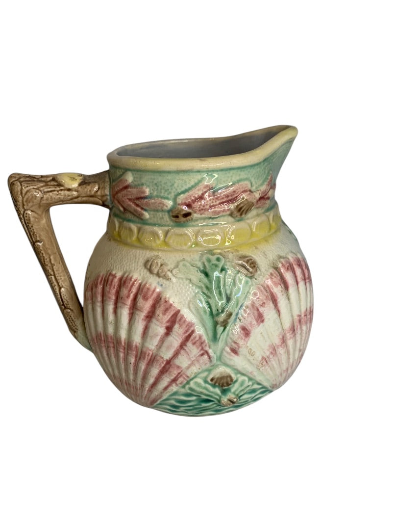 Antique 1880s Majolica Seashell Shell Seaweed Pitcher Pastel 6.5 Inch