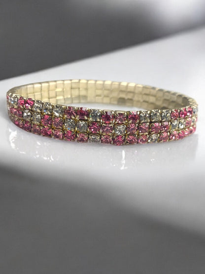 Vintage Stretch Bracelet Pink Clear Rhinestones Triple Row