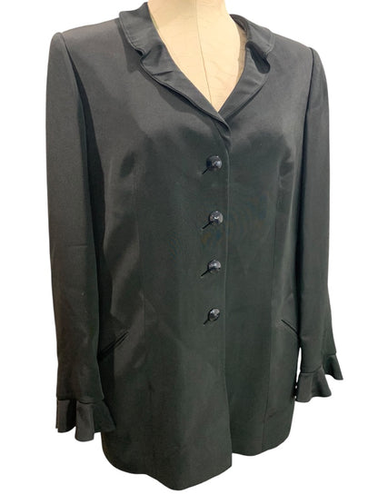 Size 14 Womens Lined Black Satin Jacket Blazer Ruffle Sleeve Hem