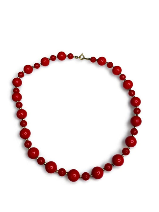 Vintage Beaded Necklace Red Acrylic Goldtone Spacers 18 Inch Spring Clasp