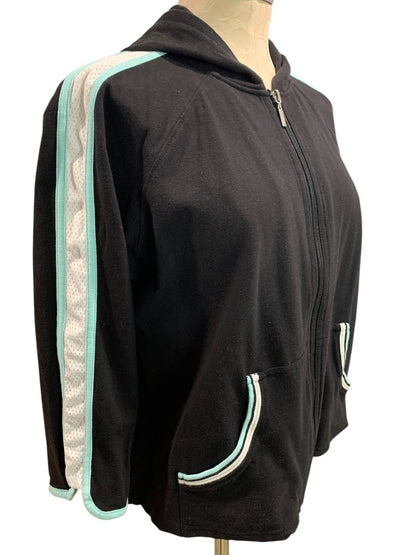 XL Gloria Vanderbilt Sport Womens Black Hoodie Shirt Full Zip Retro Trim