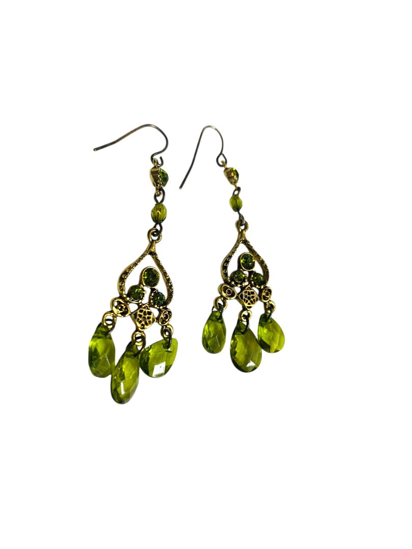 Goldtone and Green Beaded Earrings Hook Pierced 2.5" Drop