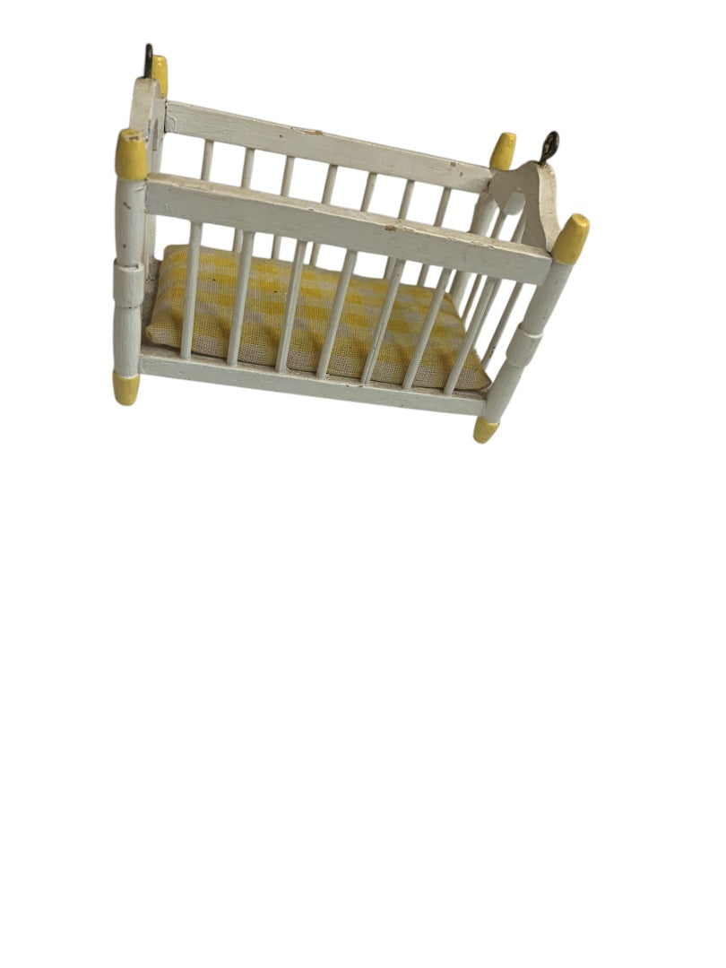 Vintage Wooden Miniature Baby Crib White Yellow 1:12
