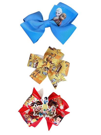 Set of 3 Princess Hair Clips Bows Beauty Frozen Snow White 3 Inch