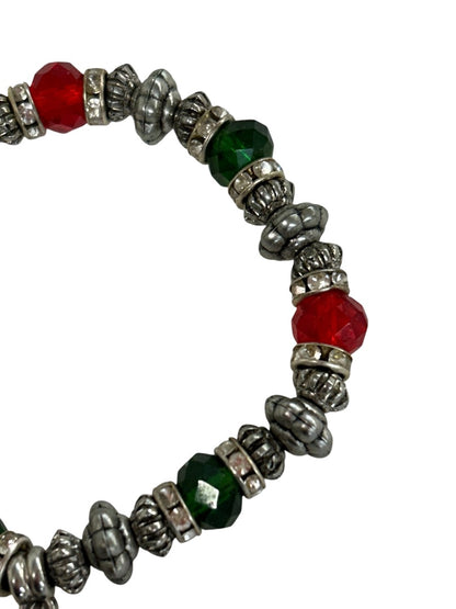 Stretch Silvertone Bracelet Snowman Charm Red Green Holiday