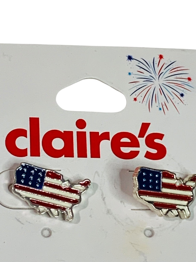 Claires New Post Pierced Earrings USA Map Flag Silvertone