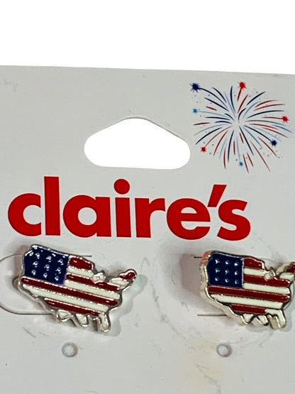 Claires New Post Pierced Earrings USA Map Flag Silvertone