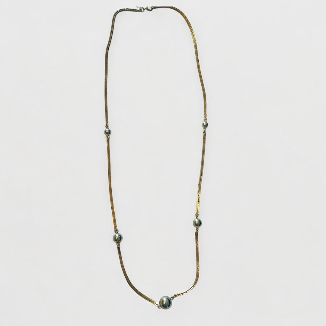 Vintage Signed 25 inch Avon Box Chain Necklace Goldtone with Silvertone Beads Spring Clasp