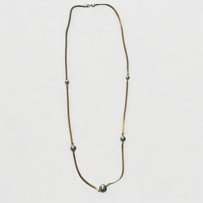 Vintage Signed 25 inch Avon Box Chain Necklace Goldtone with Silvertone Beads Spring Clasp