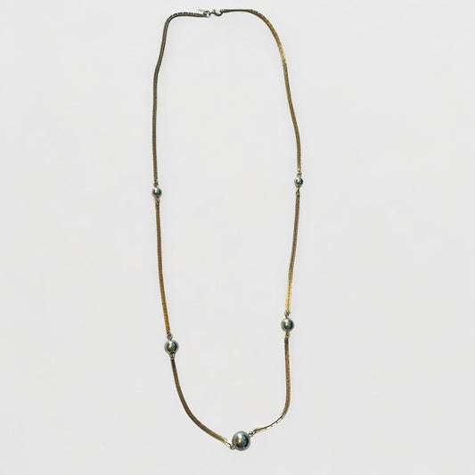 Vintage Signed 25 inch Avon Box Chain Necklace Goldtone with Silvertone Beads Spring Clasp