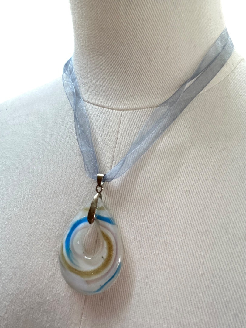 Ribbon and Glass Pendant Necklace Blue 18-20 Inch Lobster Clasp