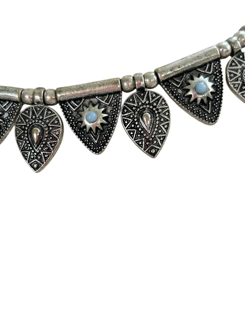 Cord and Metal Southwestern Style Necklace 15.5-18 Inch Silvertone Lobster Clasp